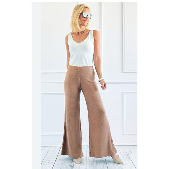 Zenana Pants - ZENANA Wide Leg Lounge Pants Womens Sz S Deep Camel Waffle Knit Pull On Comfort